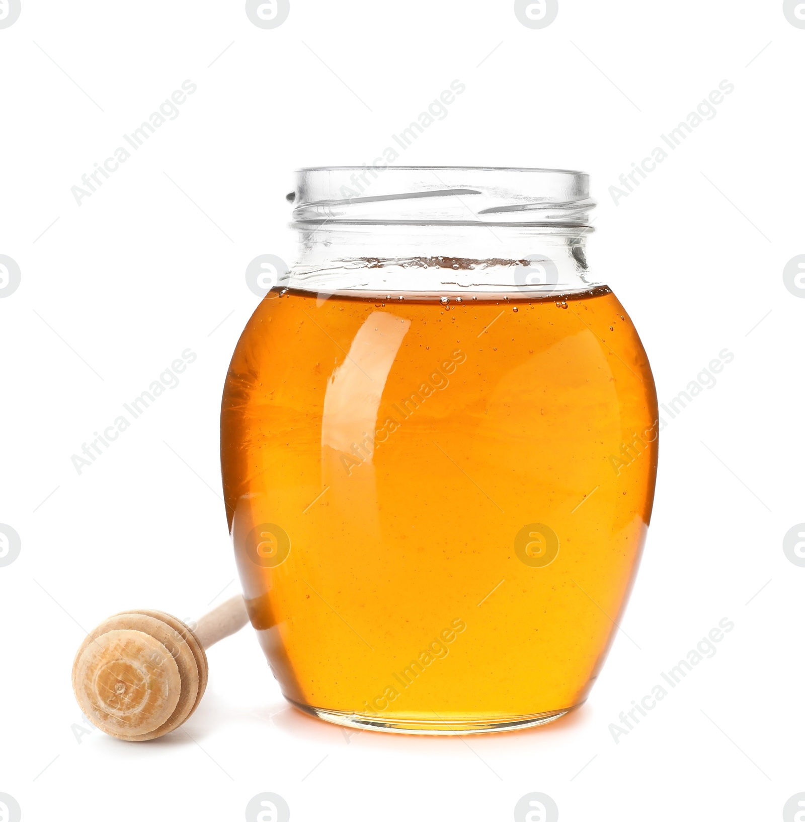 Photo of Jar with delicious honey and dipper on white background