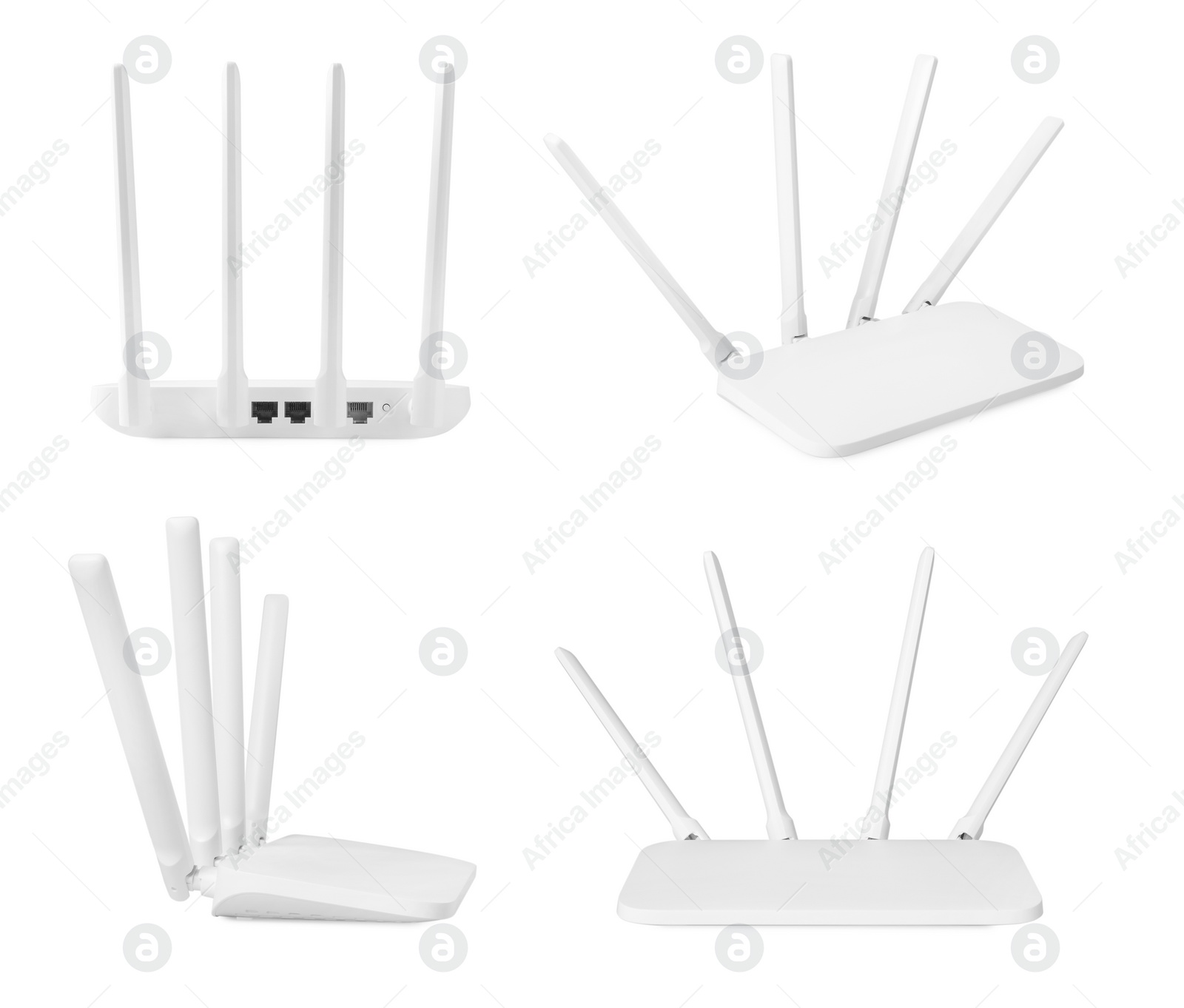 Image of Modern Wi-Fi router on white background, view from different sides