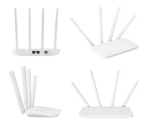 Image of Modern Wi-Fi router on white background, view from different sides