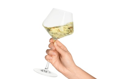 Photo of Woman with glass of wine isolated on white, closeup