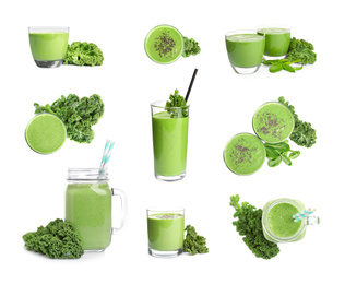 Set of tasty fresh kale smoothie on white background