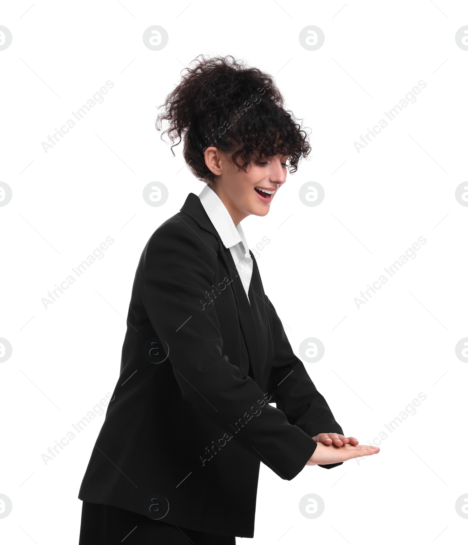 Photo of Beautiful young businesswoman in suit on white background