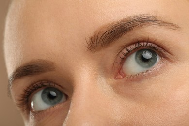 Woman with beautiful natural eyelashes on light brown background, closeup