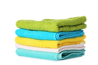 Photo of Stack of folded towels on white background