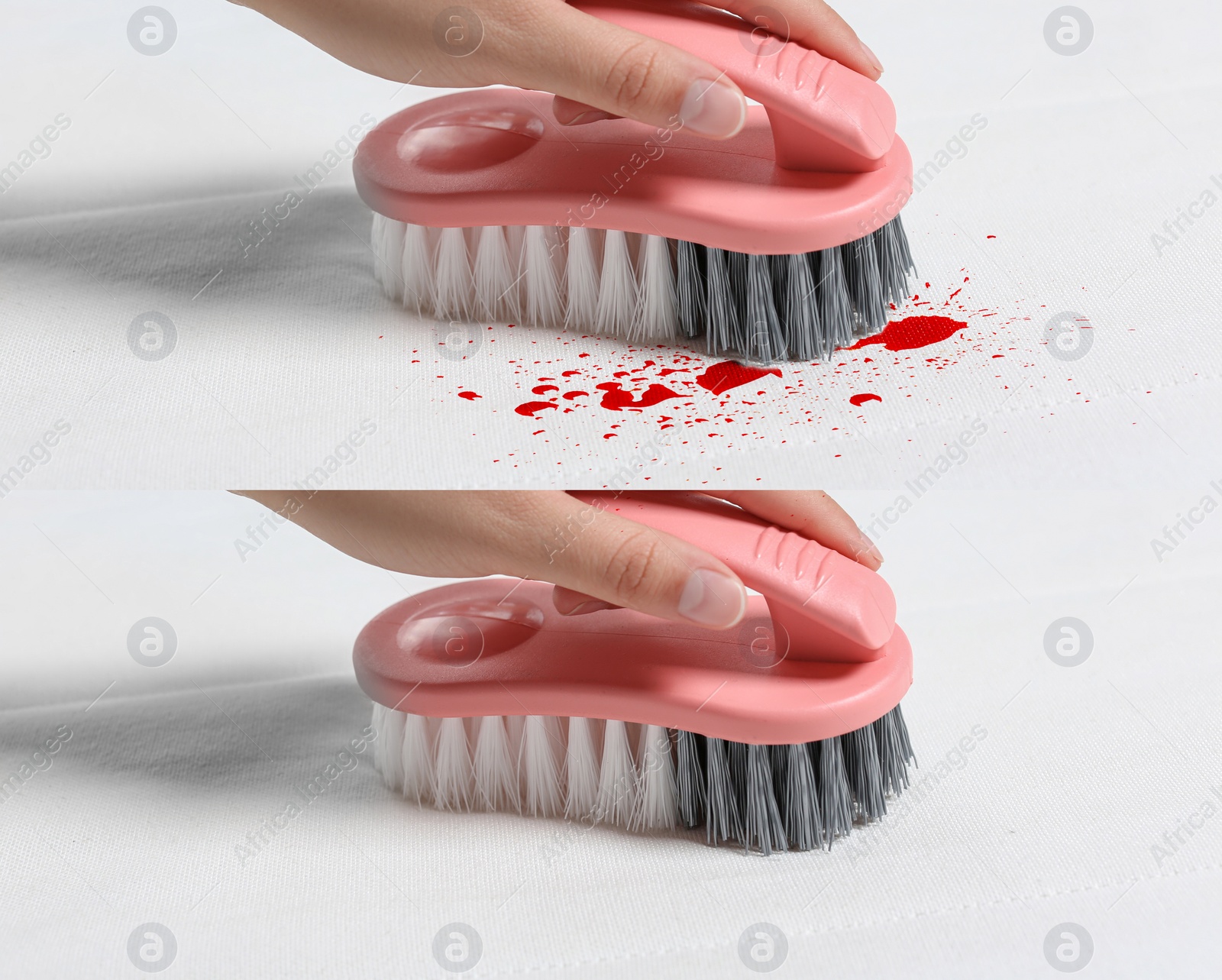 Image of Woman cleaning white mattress with brush, closeup. Collage with photos before and after cleaning