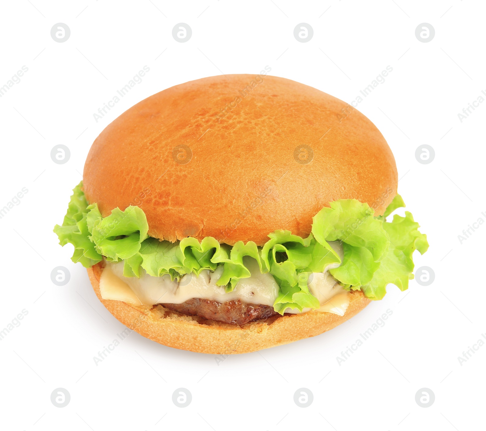 Photo of One tasty cheeseburger with lettuce isolated on white