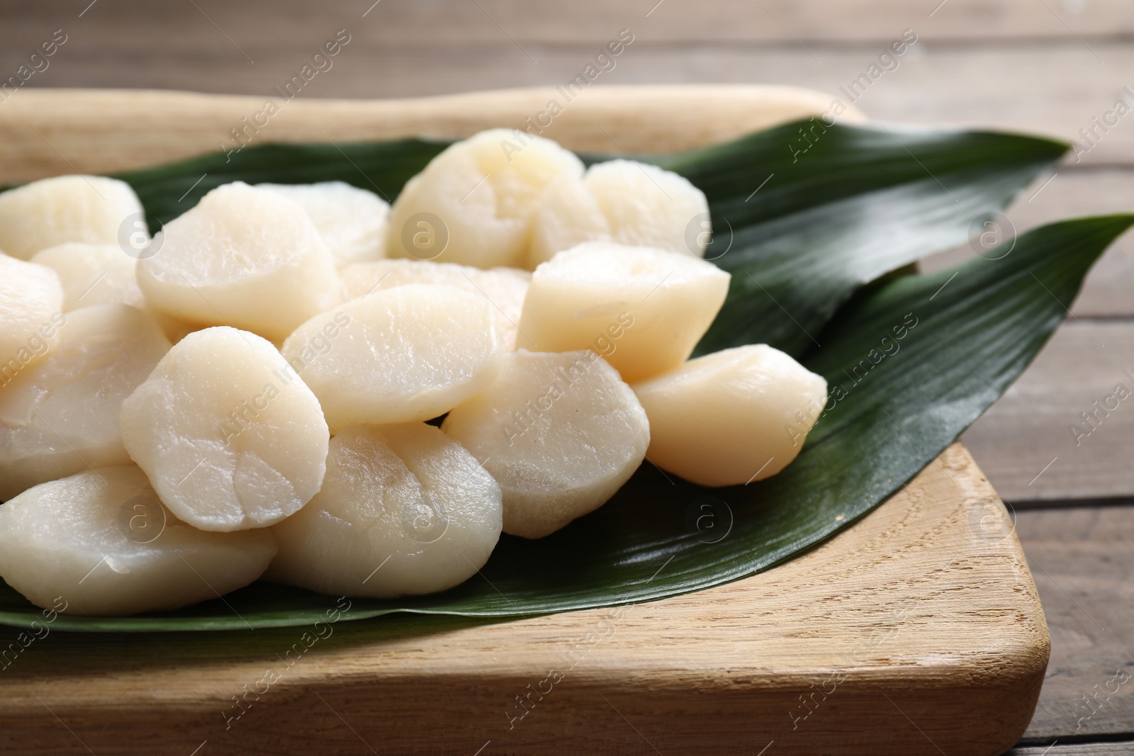 Photo of Fresh raw scallops on wooden table, closeup