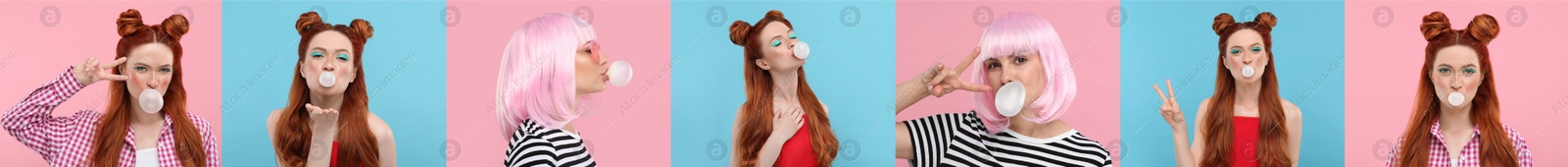 Image of Women blowing bubble gums on color backgrounds, set of photos