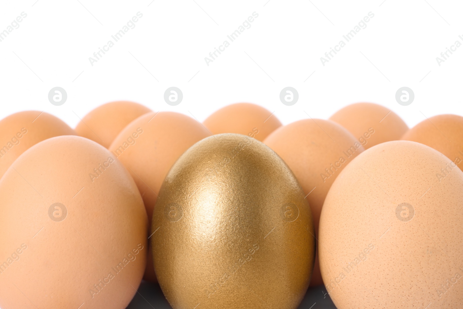 Photo of Golden egg among others on white background