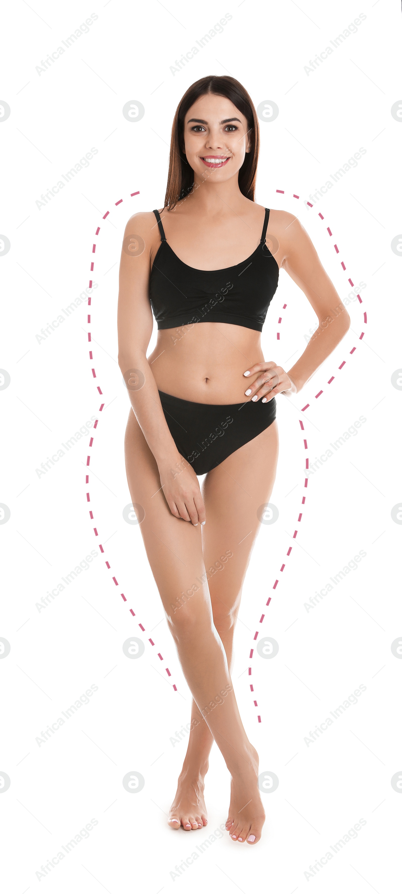 Image of Young slim woman in underwear after weight loss on white background. Healthy diet