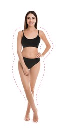Image of Young slim woman in underwear after weight loss on white background. Healthy diet