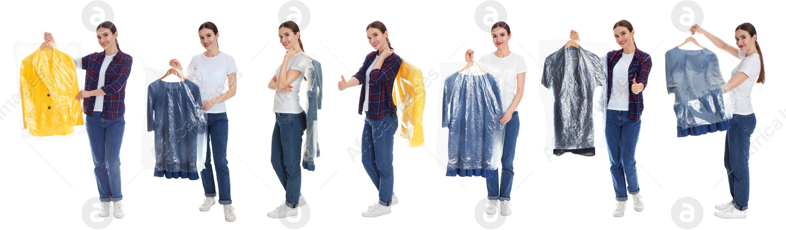 Image of Collage of woman holding hanger with clothes on white background. Dry-cleaning service