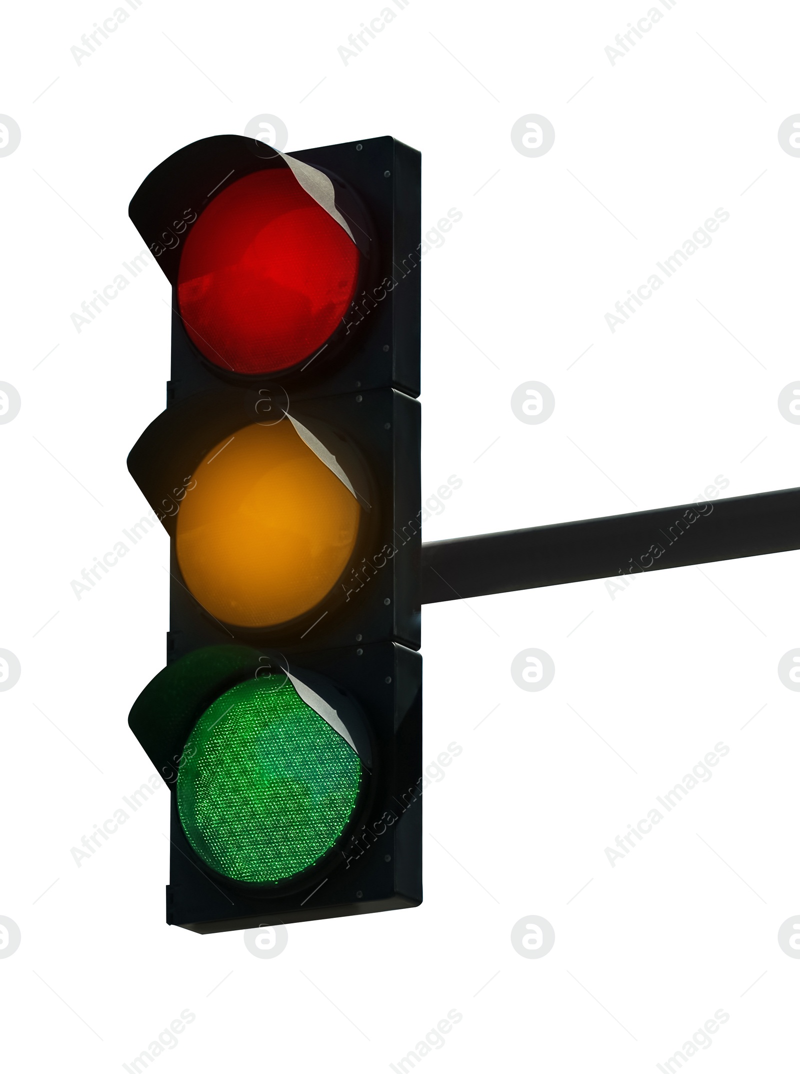 Image of Traffic signal with three lights isolated on white