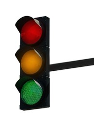 Traffic signal with three lights isolated on white