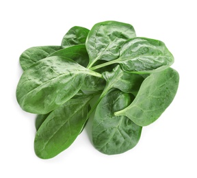 Heap of fresh green healthy baby spinach leaves isolated on white