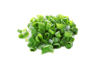 Photo of Cut fresh green onion on white background