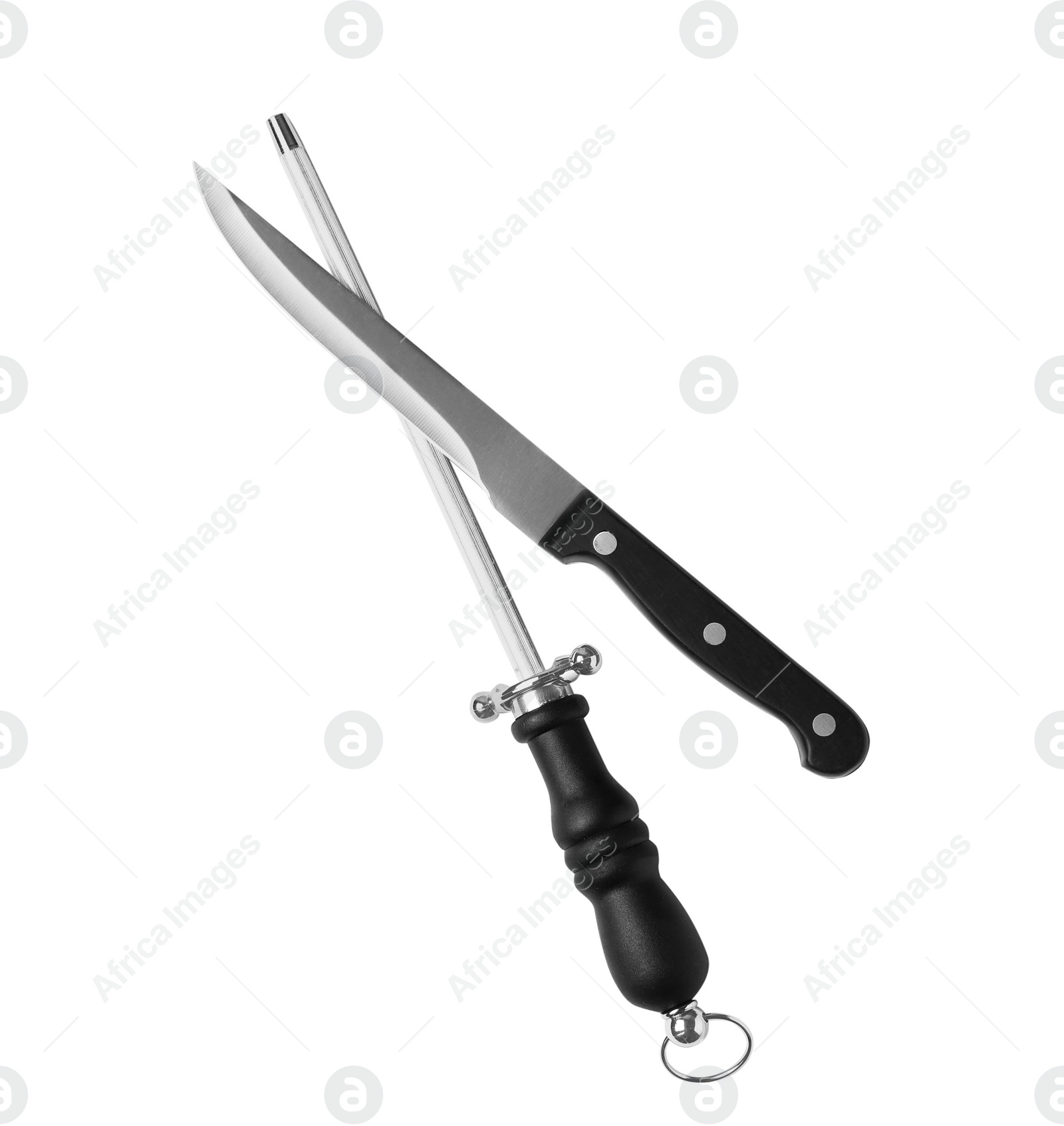 Photo of Fillet knife and sharpening stick isolated on white