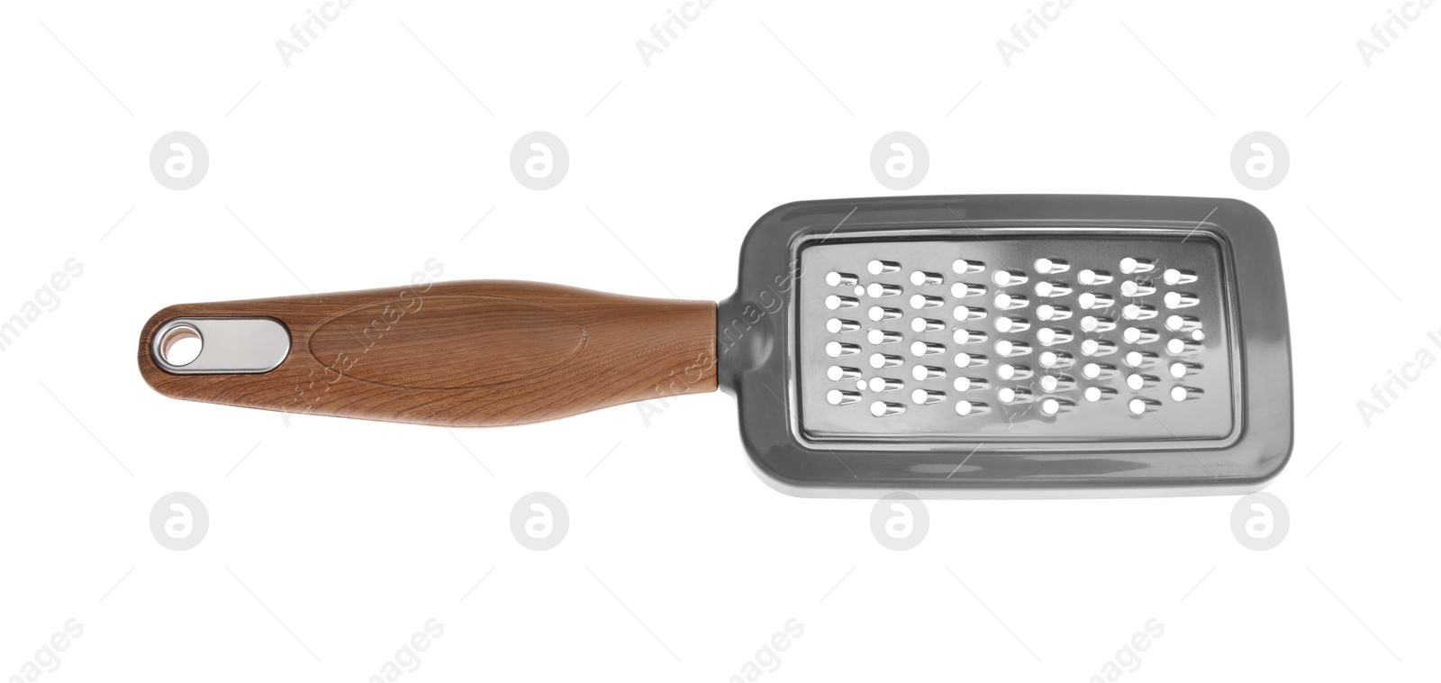 Photo of One metal grater for cheese isolated on white, top view
