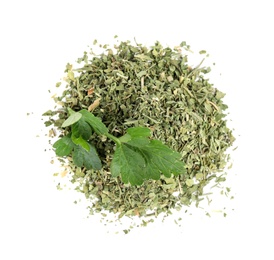 Heap of dried parsley and fresh twig on white background, top view