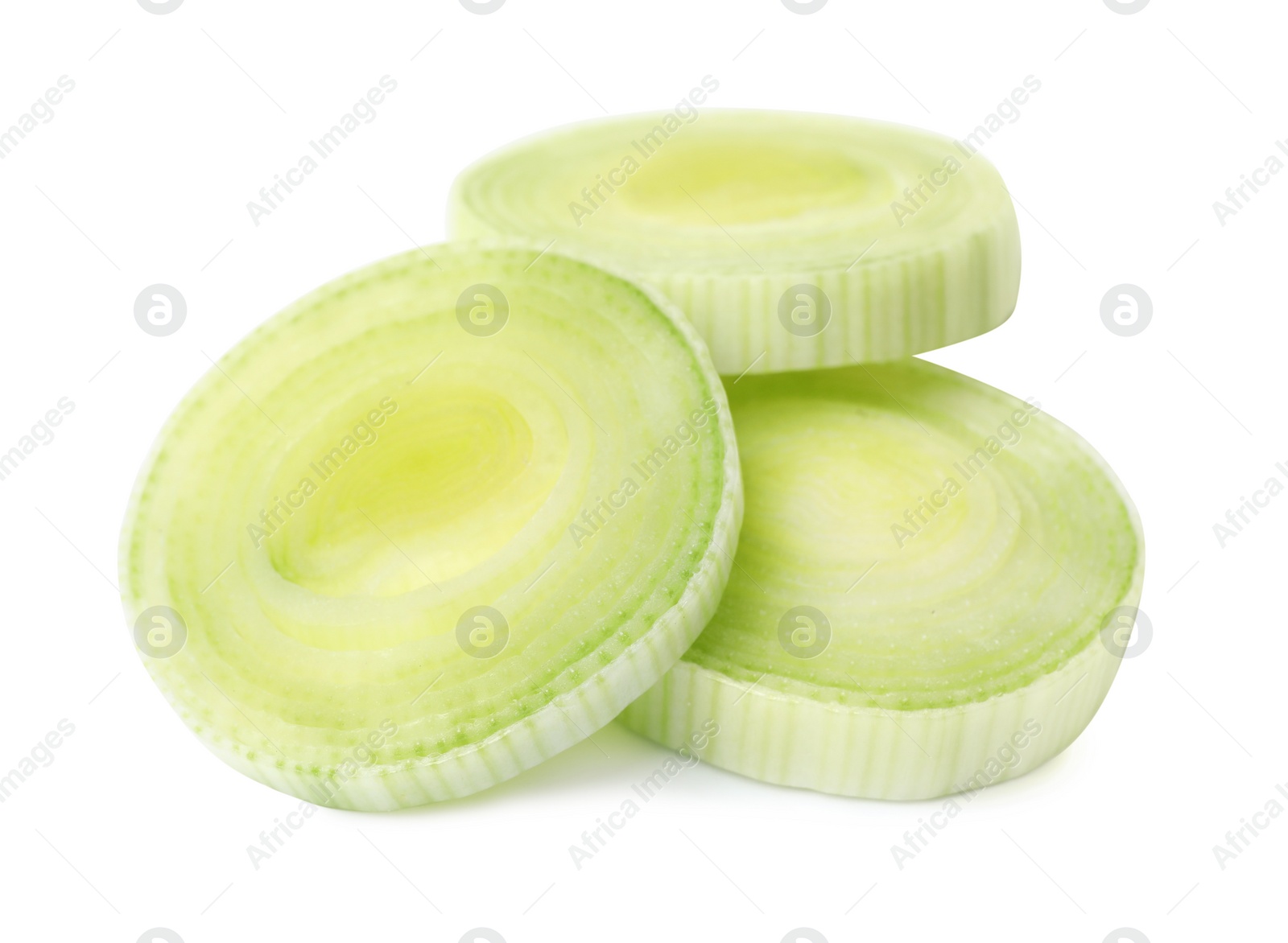 Photo of Fresh raw leek slices on white background. Ripe onion