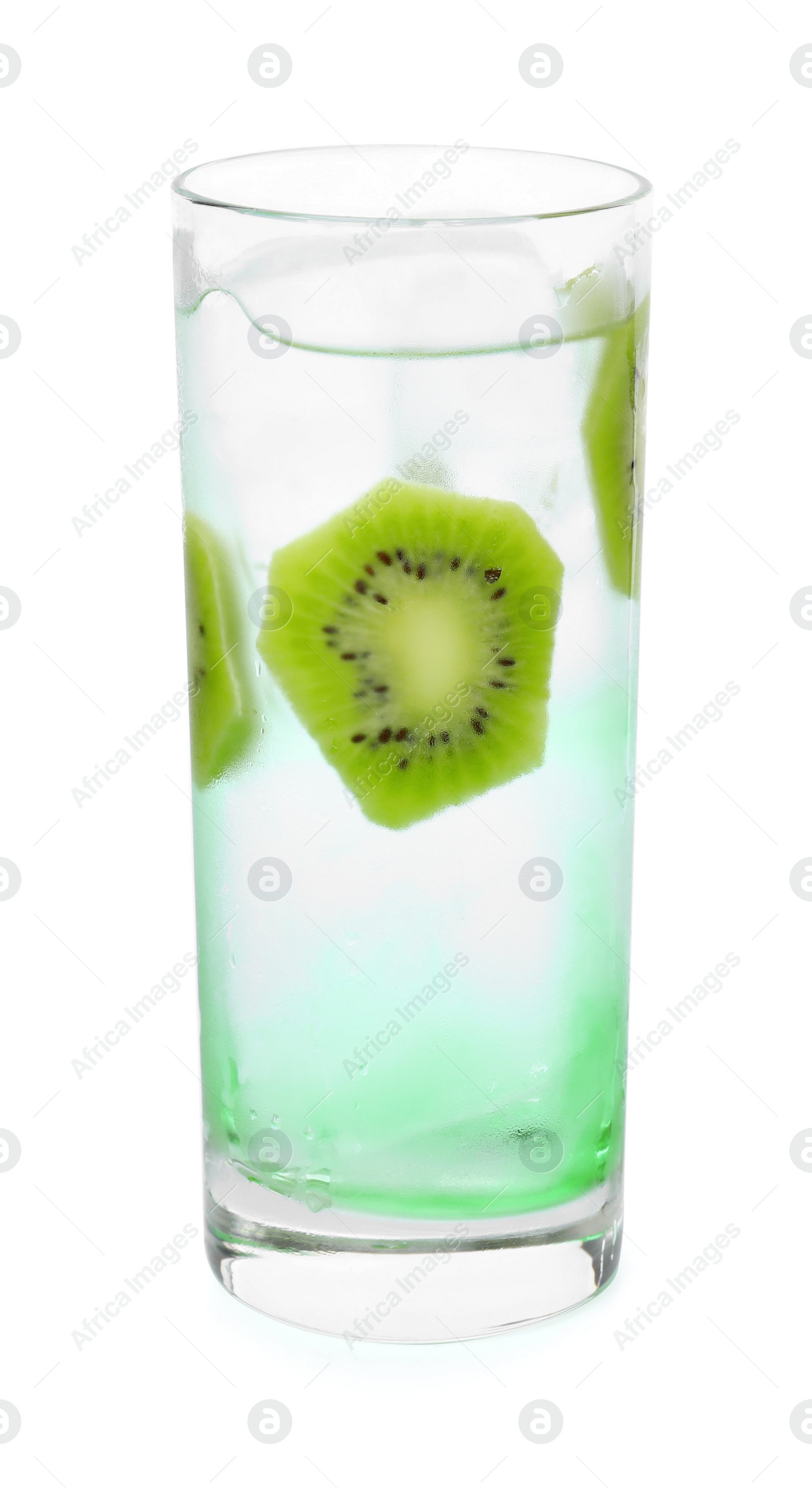 Photo of Glass of refreshing drink with kiwi isolated on white