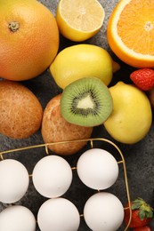 Photo of Allergenic food. Different fresh products on grey table, flat lay