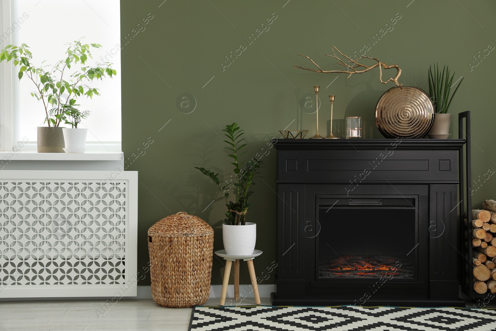 Photo of Beautiful fireplace, houseplants and different decor in living room. Interior design