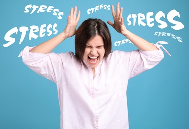 Image of Stressed young woman and text on blue background