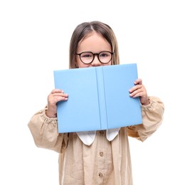 Cute little girl in glasses with open book on white background