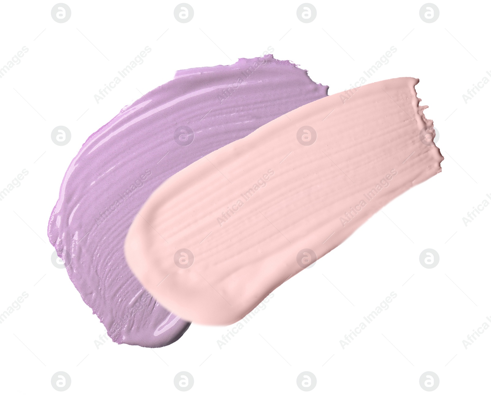 Image of Strokes of pink and purple color correcting concealers on white background, top view