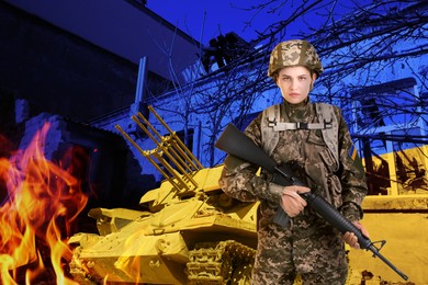 Image of Stop war in Ukraine. Female defender and military tank near destroyed building outdoors, toned in colors of Ukrainian flag