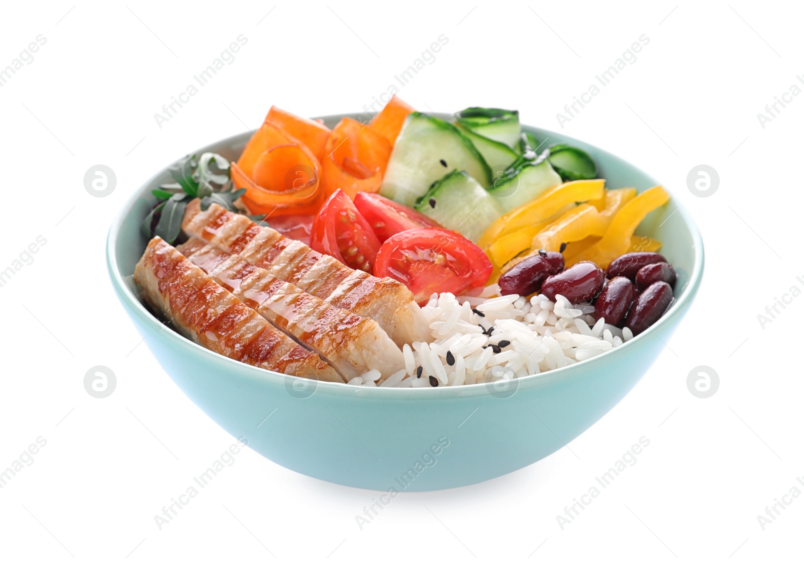 Photo of Tasty rice with beans, meat and vegetables isolated on white