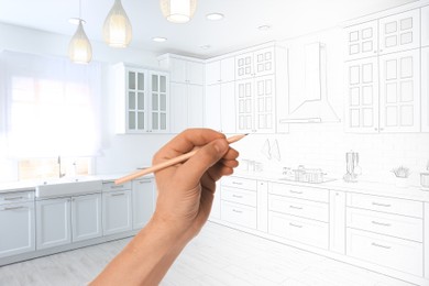 Image of Woman drawing kitchen interior design, closeup. Combination of photo and sketch