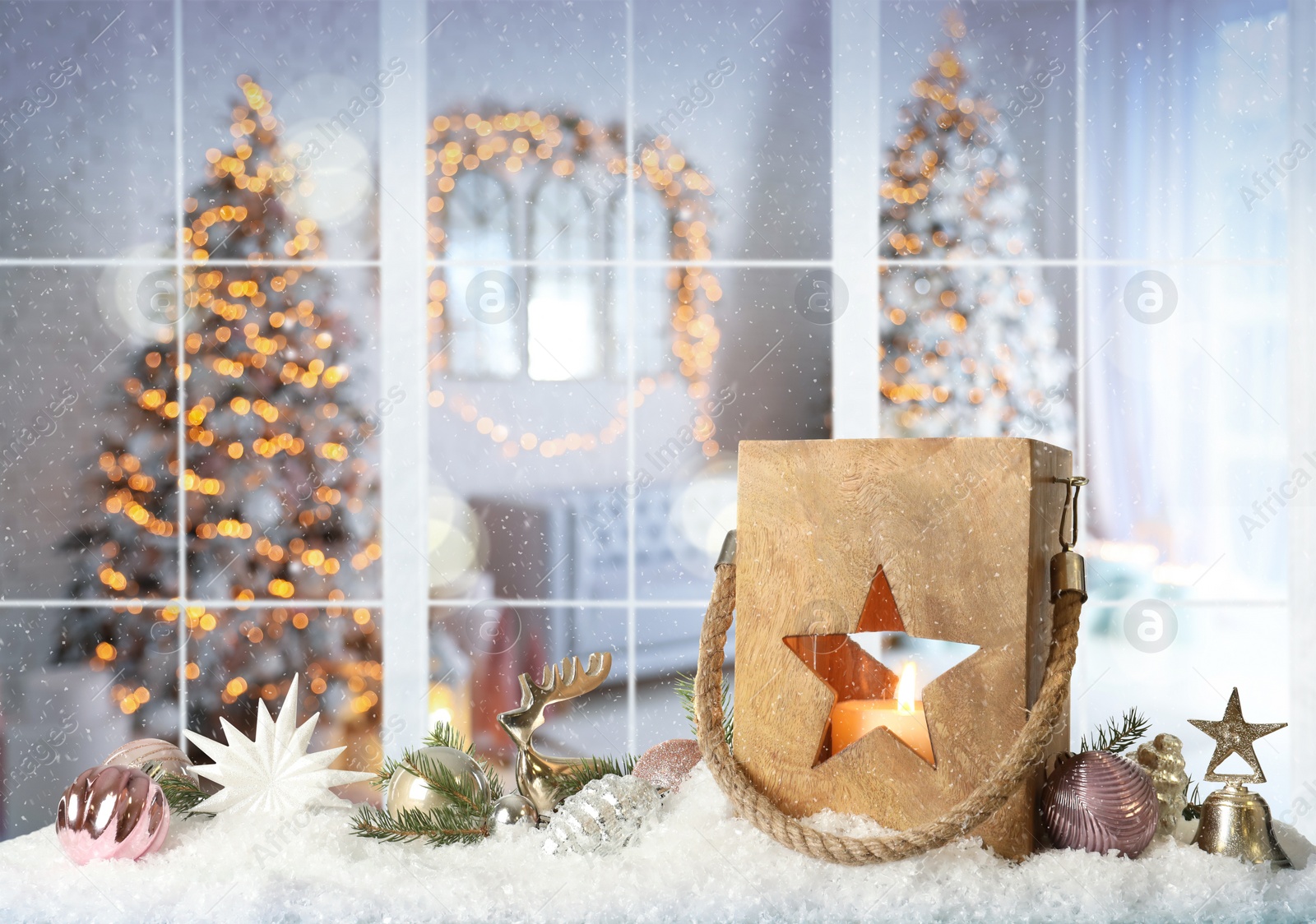 Image of Beautiful composition with wooden Christmas lantern near window