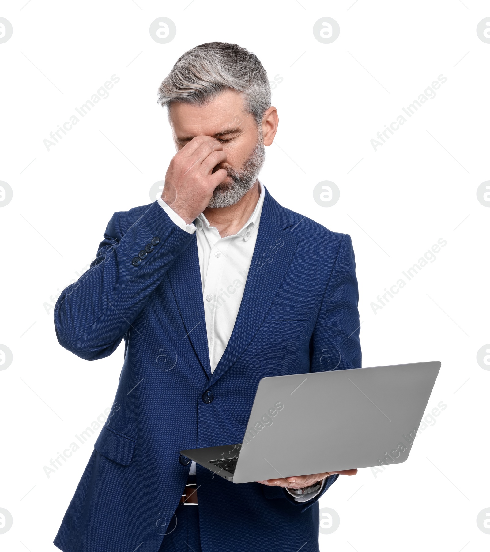 Photo of Mature businessman in stylish clothes with laptop on white background