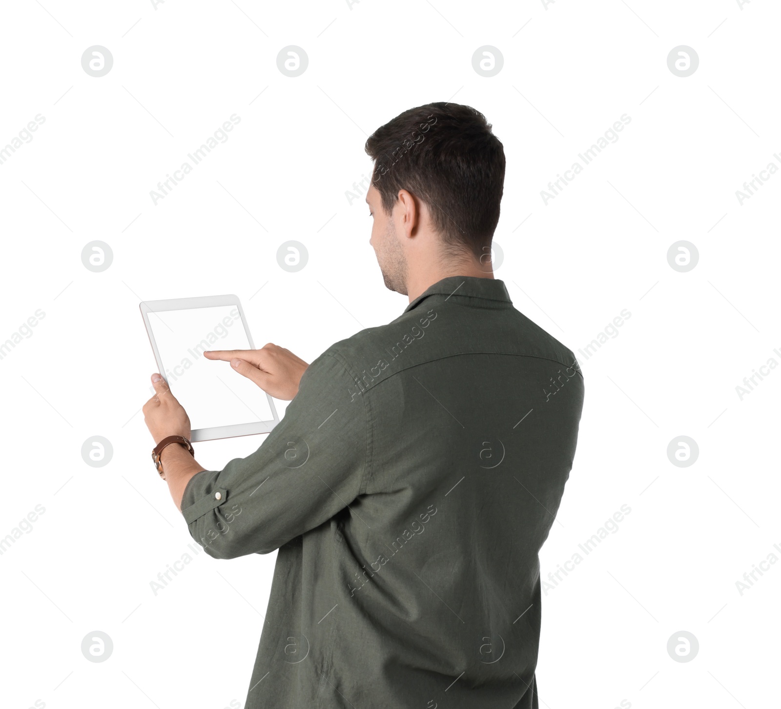 Photo of Man using tablet with blank screen on white background. Mockup for design