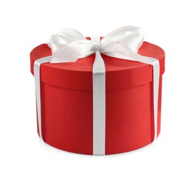 Photo of Beautiful red gift box with bow isolated on white