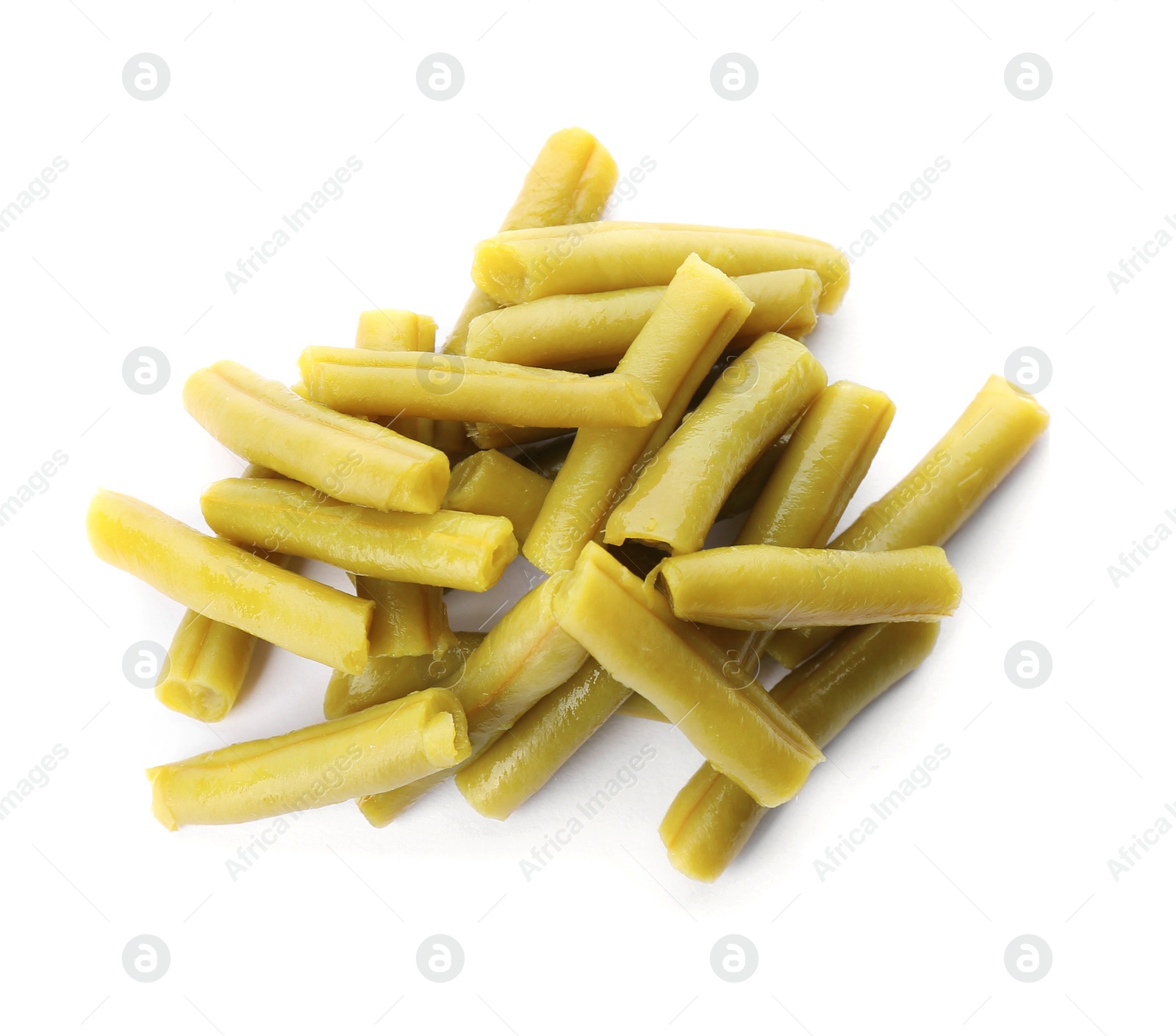 Photo of Pile of canned green beans on white background, top view