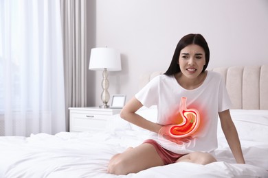 Woman suffering from heartburn at home. Stomach with hot chili pepper symbolizing acid indigestion, illustration