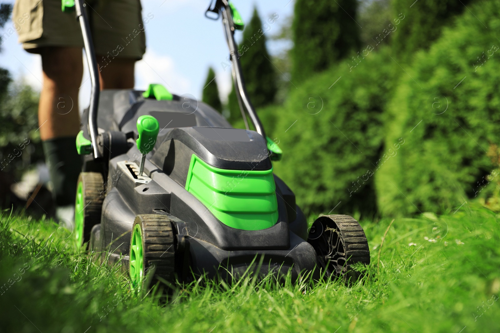 Photo of Man cutting grass with lawn mower in garden on sunny day, closeup