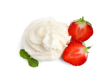 Photo of Sliced strawberry with whipped cream and mint on white background, top view