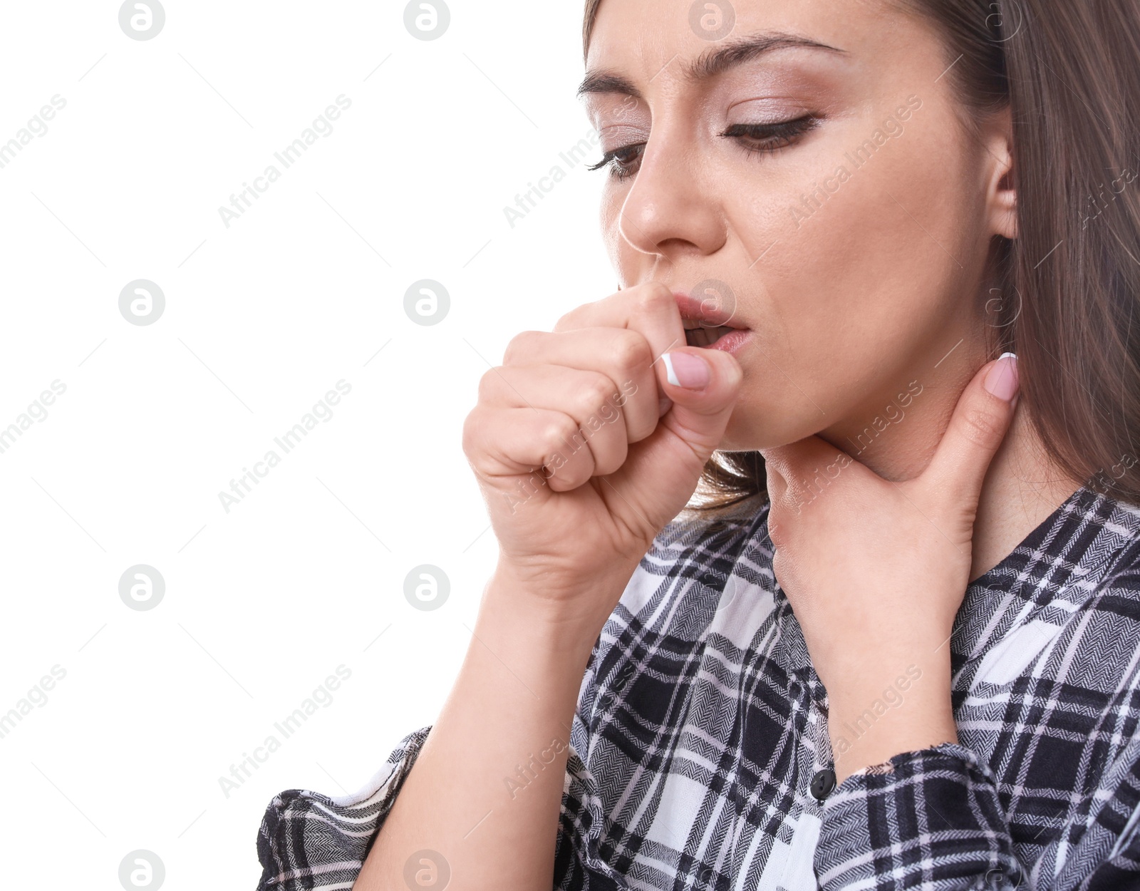 Photo of Young woman coughing on white background