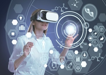 Image of Medical technology concept. Different icons and doctor using virtual reality headset on color background
