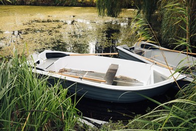 Photo of Modern boats with wooden oars on lake