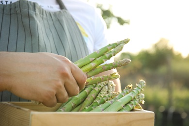 Man holding wooden crate with fresh raw asparagus outdoors, closeup