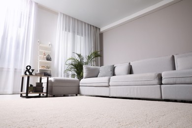 Living room interior with soft carpet and stylish furniture