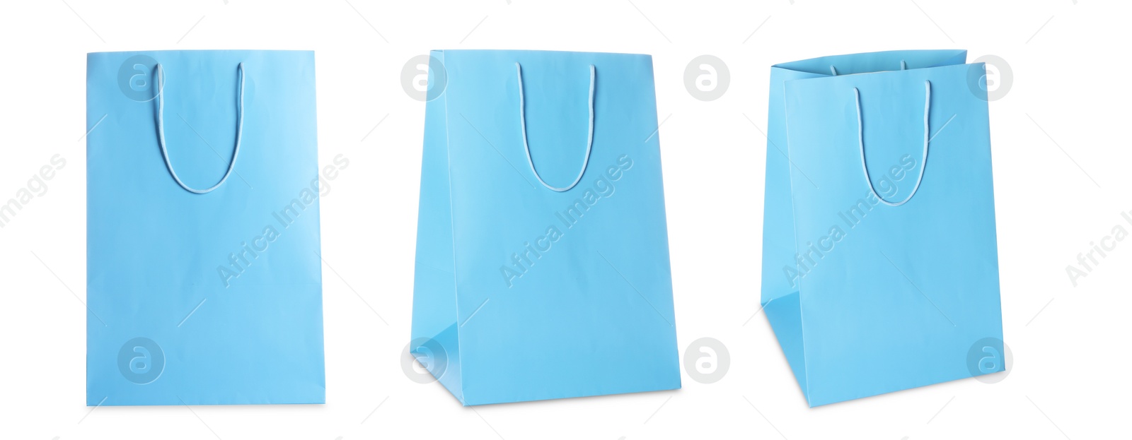 Image of Light blue shopping bag isolated on white, different sides