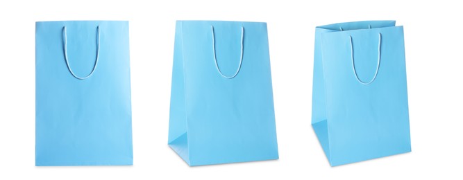 Light blue shopping bag isolated on white, different sides