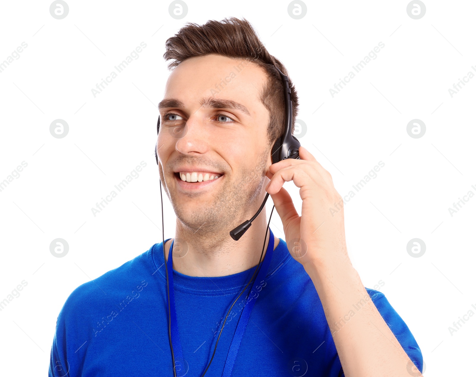 Photo of Male technical support operator with headset on white background