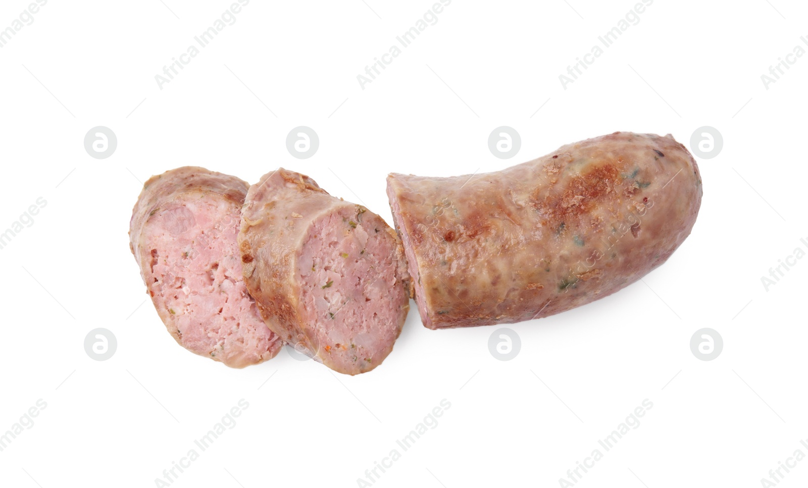 Photo of Tasty cut homemade sausage isolated on white, top view